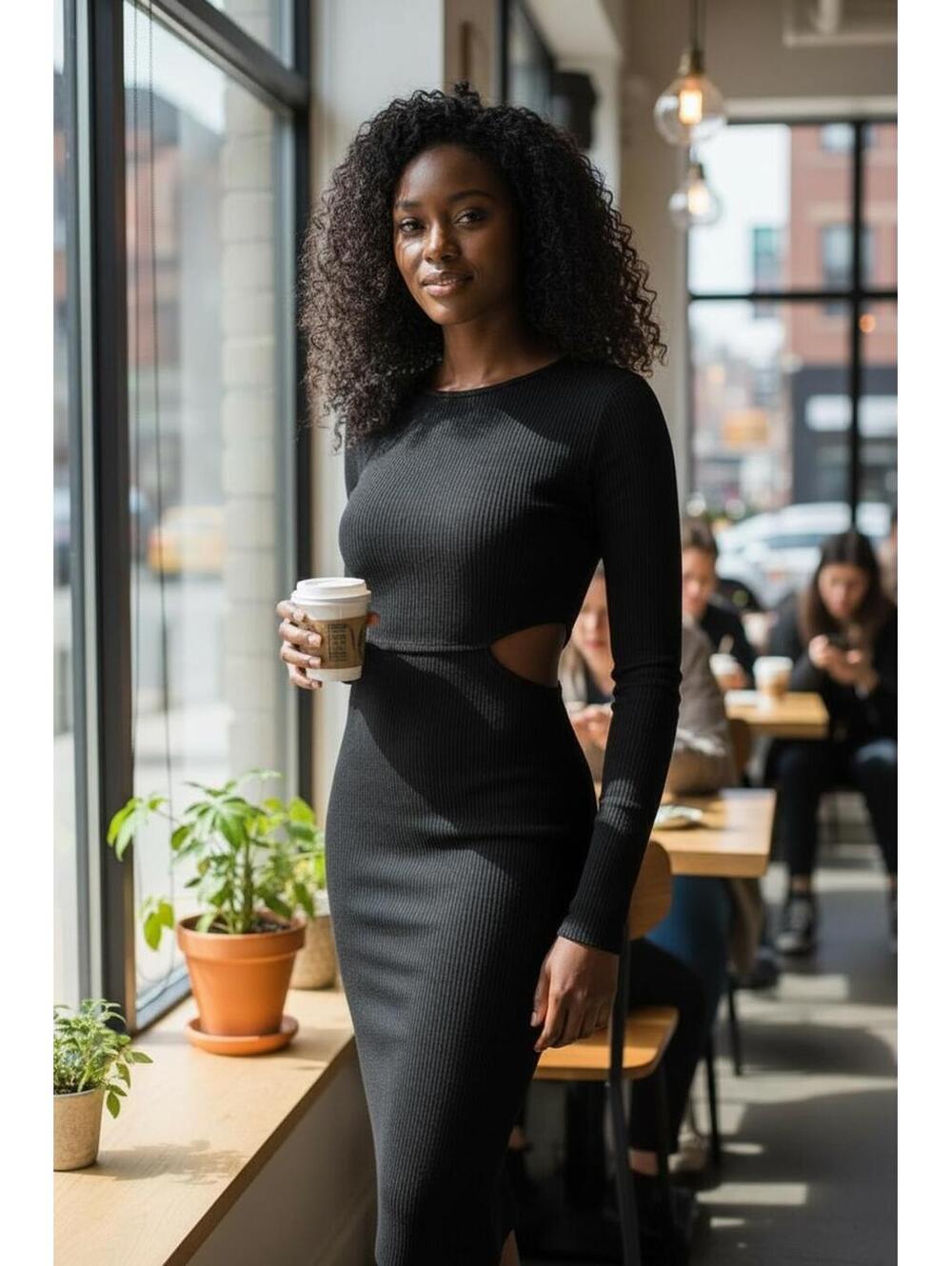 MINKPINK Black Ribbed Long Sleeve Dress - Size Large